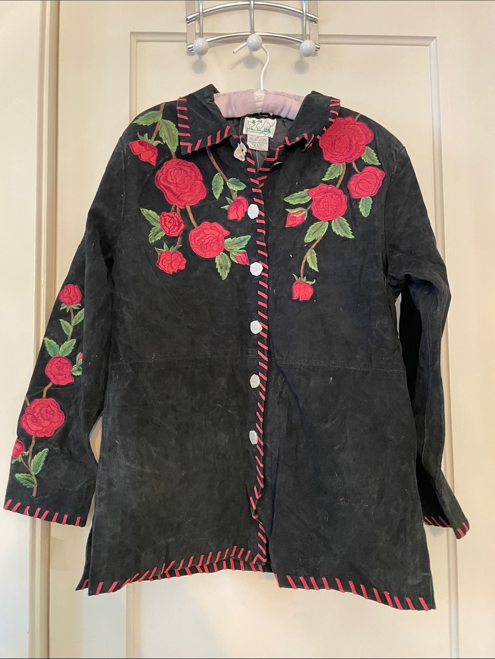 Vintage with tags Quacker Factory Black Suede Jacket with Red Rose Embroidery